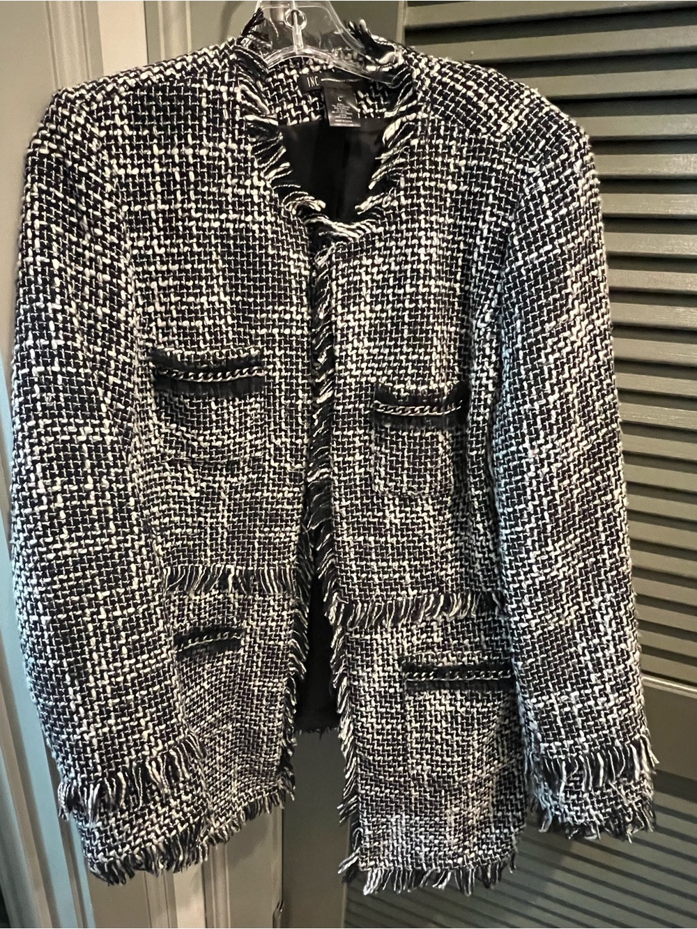 INC International Concepts Black & White Tweed Fringe Blazer